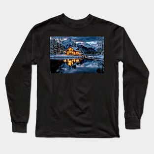 Mountain Cabin on a Lake in Winter - Landscape Long Sleeve T-Shirt